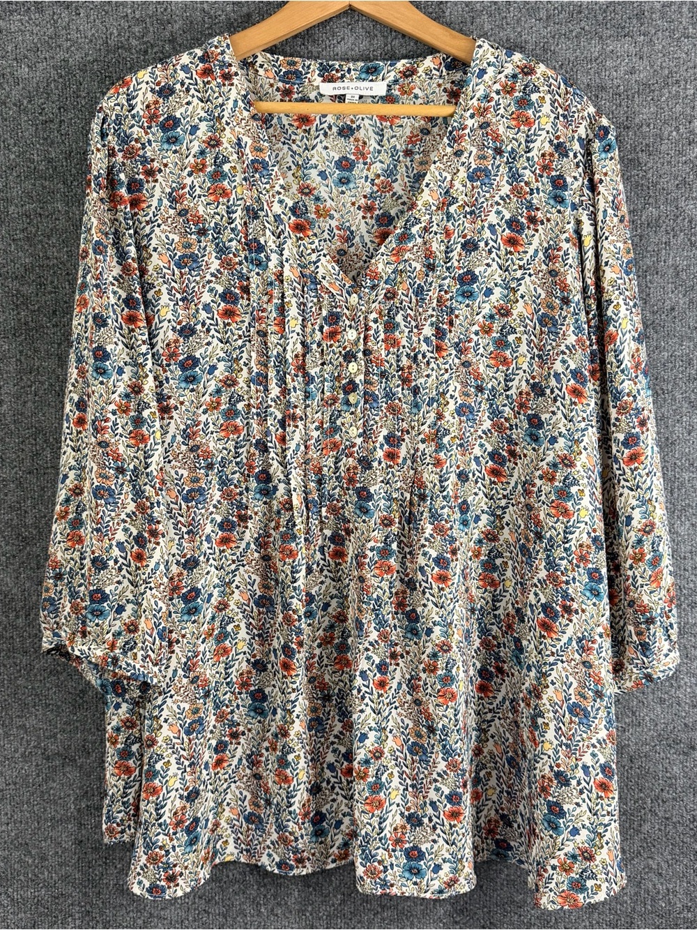 Rose + Olive Womens 3X Floral Top Multicolor 3/4 Sleeve V Neck Office Casual